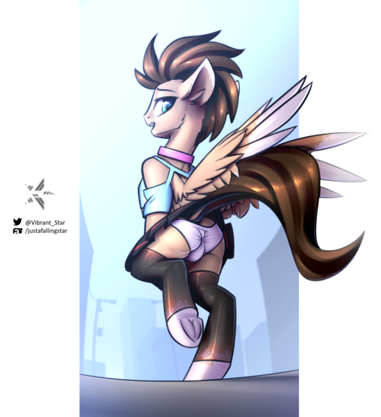 Size: 1978x2164 | Tagged: artist:justafallingstar, butt, clothes, collar, colored sketch, crossdressing, crotch bulge, derpibooru import, male, miniskirt, oc, oc:skittle, panties, pegasus, pleated skirt, plot, semi-anthro, shirt, simple background, skirt, skirt lift, socks, solo, solo male, stallion, suggestive, thigh highs, transparent background, underhoof, underwear, unofficial characters only, white underwear, wings