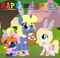 Size: 8000x7704 | Tagged: safe, artist:evilfrenzy, derpibooru import, oc, oc:azure/sapphire, oc:frenzy, oc:petticoat, unofficial characters only, pony, age regression, baby, basket, bunny ears, crossdressing, easter, foal, holiday, onesie, picnic basket, picnic blanket, tree