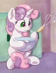 Size: 920x1200 | Tagged: safe, artist:drafthoof, derpibooru import, sweetie belle, pony, unicorn, baking, bowl, cooking, cute, dough, female, filly, food, frown, magic, messy, sitting, solo, sweetie belle can't cook, sweetie fail