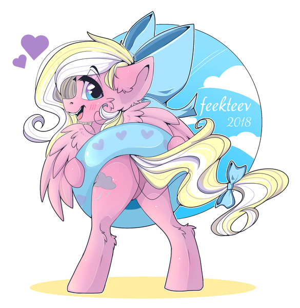 Size: 2000x2050 | Tagged: safe, artist:feekteev, derpibooru import, oc, oc:bay breeze, unofficial characters only, pegasus, pony, blushing, bow, commission, cute, ear fluff, female, hair bow, inner tube, looking at you, looking back, looking back at you, open mouth, simple background, tail bow, ych result