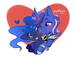 Size: 1500x1150 | Tagged: safe, artist:feekteev, derpibooru import, princess luna, oc, oc:azure night, alicorn, pony, unicorn, gamer luna, azuna, blushing, canon x oc, chest fluff, colored pupils, commission, controller, curved horn, female, heart, horn, male, mare, one eye closed, shipping, smiling, snuggling, stallion, straight, wink, ych result