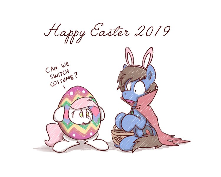 Size: 2560x2048 | Tagged: safe, artist:sugar morning, derpibooru import, oc, oc:bizarre song, oc:sugar morning, unofficial characters only, pegasus, pony, bunny ears, cape, clothes, couple, easter, egg, female, holiday, male, mare, oc x oc, shipping, silly, simple background, sitting, sketch, stallion, straight, sugarre, text, traditional art, weird, white background