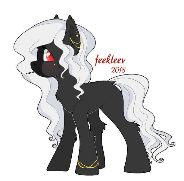 Size: 1100x1080 | Tagged: safe, artist:feekteev, derpibooru import, oc, oc:inanis, unofficial characters only, earth pony, pony, vampire, blank flank, candy, ear piercing, female, fluffy, food, hoof ring, lollipop, long mane, looking at you, piercing, red eyes, solo, wavy mane, wavy tail, white mane