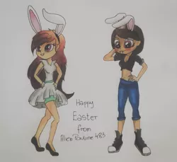 Size: 1221x1120 | Tagged: safe, artist:alienpauline483, derpibooru import, oc, oc:black dawn, oc:midnight cakepowder, unofficial characters only, equestria girls, belly button, blushing, bunny ears, easter, female, holiday, lesbian, midnightdawn, midriff, oc x oc, shipping, traditional art