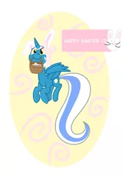 Size: 2894x4093 | Tagged: safe, artist:riofluttershy, derpibooru import, oc, oc:fleurbelle, alicorn, pony, rabbit, alicorn oc, animal, basket, bow, bunny ears, easter, easter basket, easter egg, female, flying, happy, holiday, horn, mare, ribbon, wings