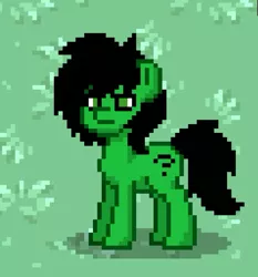 Size: 716x767 | Tagged: safe, derpibooru import, oc, oc:anon, oc:anonfilly, earth pony, pony, pony town, /mlp/, 4chan, alone, black mane, close-up, female, filly, food, grass, green, green coat, green eyes, grumpy, not happy, pixel art, question mark, serious, serious face, solo, standing