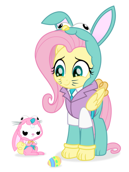 Size: 1200x1600 | Tagged: safe, artist:spookitty, derpibooru import, angel bunny, fluttershy, pegasus, pony, rabbit, angel is not amused, animal, animal costume, bunny costume, bunny ears, bunnyshy, clothes, costume, cute, duo, easter, easter bunny, easter egg, holiday, holiday special, patreon, shyabetes, whiskers