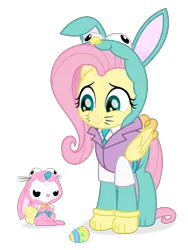 Size: 1200x1600 | Tagged: safe, artist:spookitty, derpibooru import, angel bunny, fluttershy, pegasus, pony, rabbit, angel is not amused, animal, animal costume, bunny costume, bunny ears, bunnyshy, clothes, costume, cute, duo, easter, easter bunny, easter egg, holiday, holiday special, patreon, shyabetes, whiskers