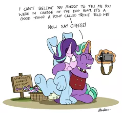 Size: 2189x2040 | Tagged: safe, artist:bobthedalek, derpibooru import, firelight, starlight glimmer, pony, unicorn, animal costume, bunny costume, camera, clothes, costume, easter, easter egg, father and child, father and daughter, fathers gonna father, female, holiday, implied trixie, inconvenient trixie, levitation, magic, male, telekinesis, this will end in tears, this will not end well