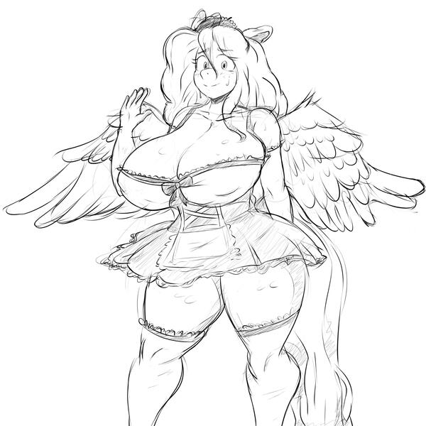 Size: 2800x2800 | Tagged: anthro, artist:divided wreck, big breasts, breasts, clothes, costume, derpibooru import, huge breasts, maid, oc, oc:midnight mist, pegasus, sketch, suggestive, waving, wings