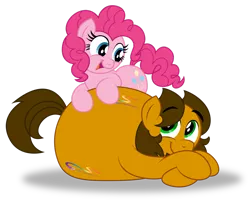 Size: 1920x1596 | Tagged: safe, artist:aleximusprime, derpibooru import, pinkie pie, oc, oc:alex the chubby pony, earth pony, pony, alex the chubby pony, buddies, chubby, cute, fat, friends, lying down, plump, simple background, sitting on, sitting on pony, transparent background