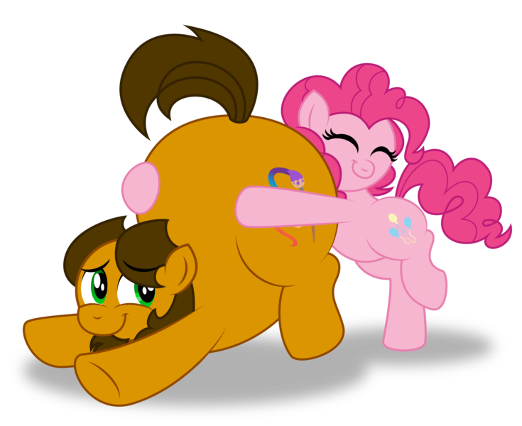 Size: 1920x1568 | Tagged: safe, artist:aleximusprime, derpibooru import, pinkie pie, oc, oc:alex the chubby pony, earth pony, pony, big, buddies, butt, butthug, chubby, cute, faceful of ass, fat, flank, friends, hug, hug from behind, plot, plump, simple background, transparent background