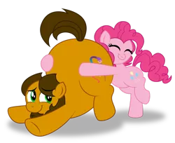 Size: 1920x1568 | Tagged: safe, artist:aleximusprime, derpibooru import, pinkie pie, oc, oc:alex the chubby pony, earth pony, pony, big, buddies, butt, butthug, chubby, cute, faceful of ass, fat, flank, friends, hug, hug from behind, plot, plump, simple background, transparent background
