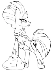 Size: 817x1113 | Tagged: safe, artist:virenth, derpibooru import, tempest shadow, pony, unicorn, armor, black and white, broken horn, eye scar, female, grayscale, hoof shoes, horn, lineart, monochrome, raised hoof, scar, solo