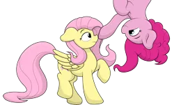 Size: 3632x2204 | Tagged: safe, artist:ljdamz1119, derpibooru import, fluttershy, pinkie pie, earth pony, pegasus, pony, boop, cute, diapinkes, duo, female, in which pinkie pie forgets how to gravity, mare, pinkie being pinkie, pinkie physics, raised hoof, shyabetes, simple background, transparent background, upside down