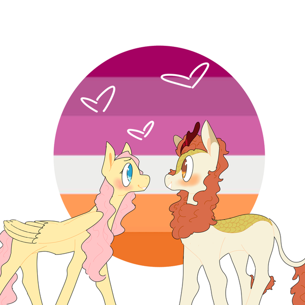 Size: 960x960 | Tagged: safe, artist:fluttergayy, derpibooru import, autumn blaze, fluttershy, kirin, pegasus, pony, autumnshy, female, folded wings, heart, lesbian, looking at each other, mare, profile, shipping, smiling, standing, wings