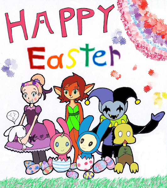 Size: 1891x2134 | Tagged: animal costume, artist:pokeneo1234, bunny costume, clothes, costume, crescenta butterfly, crossover, deltarune, derpibooru import, easter egg, elora, happy easter, jevil, petscop, pound cake, pumpkin cake, safe, spyro the dragon, star vs the forces of evil