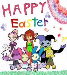 Size: 1891x2134 | Tagged: animal costume, artist:pokeneo1234, bunny costume, clothes, costume, crescenta butterfly, crossover, deltarune, derpibooru import, easter egg, elora, happy easter, jevil, petscop, pound cake, pumpkin cake, safe, spyro the dragon, star vs the forces of evil