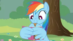 Size: 1920x1080 | Tagged: safe, artist:agrol, derpibooru import, rainbow dash, book, cookie, cute, dashabetes, eating, female, food, just relax and read, reading, smiling, solo, wing hands, wings