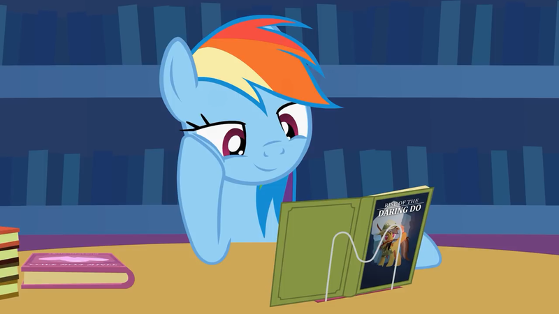 Size: 1280x720 | Tagged: safe, artist:agrol, derpibooru import, daring do, rainbow dash, pony, animated at source, book, bookshelf, female, just relax and read, looking at something, mare, reading, reading rainboom, solo, table, youtube link