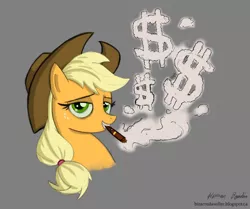 Size: 2037x1700 | Tagged: safe, artist:bizarredawdler, derpibooru import, applejack, pony, cigar, dollar sign, gray background, hat, simple background, smoke, smoking, solo