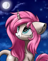Size: 845x1080 | Tagged: safe, artist:hydrargyrum, derpibooru import, oc, oc:tarot, unofficial characters only, classical unicorn, pony, unicorn, cloven hooves, curved horn, cute, ear piercing, female, floppy ears, full moon, happy, horn, leonine tail, looking up, mare, moon, night, piercing, smiling, stars, unshorn fetlocks