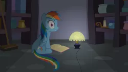 Size: 1280x720 | Tagged: safe, artist:agrol, derpibooru import, rainbow dash, pegasus, pony, animated at source, book, bookshelf, broom, candle, closet, dark room, female, jar, just relax and read, lamp, light, looking at you, looking back, looking back at you, shrunken pupils, solo, stare, youtube link