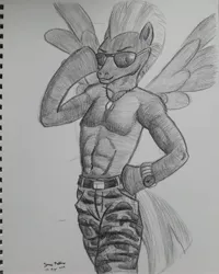 Size: 2448x3060 | Tagged: anthro, arm hooves, artist:rockhoppr3, clothes, derpibooru import, male, monochrome, pants, partial nudity, solo, solo male, suggestive, sunglasses, thunderlane, topless, traditional art