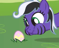 Size: 816x665 | Tagged: safe, artist:lightning stripe, derpibooru import, oc, oc:lightning stripe, unofficial characters only, earth pony, pony, black and white mane, easter, easter egg, egg, eyelashes, grass, grass field, green eyes, holiday, makeup, puffy cheeks, scrunchy face, show accurate, simple background, solo, stripes