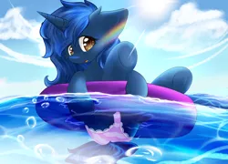 Size: 3500x2526 | Tagged: suggestive, artist:urpone, derpibooru import, oc, oc:starlight blossom, unofficial characters only, pony, unicorn, bikini, bikini bottom, clothes, cloud, commission, female, filly, floating, floaty, inflatable, inner tube, looking at you, solo, striped swimsuit, surprised, swimsuit, underhoof, water, ych result