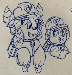 Size: 2943x3052 | Tagged: artist:rainbow eevee, bull dog, clothes, derpibooru import, drawing, hammer, hard hat, ink, lineart, paw patrol, rubble, safe, smiling, yak, yona