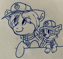 Size: 2547x2384 | Tagged: safe, artist:rainbow eevee, derpibooru import, rocky, sandbar, dog, pony, clothes, crossover, cute, drawing, hat, ink, lineart, paw patrol