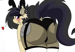 Size: 3400x2369 | Tagged: suggestive, artist:darkwolfhybrid, derpibooru import, oc, oc:darkius wolficus, unofficial characters only, anthro, bat pony, bat pony oc, bat wings, blushing, bunny ears, bunny suit, butt, clothes, dock, dummy thicc, ear fluff, ear piercing, easter, freckles, holiday, looking back, piercing, plot, plump, ponytail, raised tail, socks, stockings, tail, the ass was fat, thick, thigh highs, wings