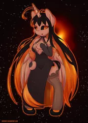 Size: 1500x2100 | Tagged: safe, artist:tikrs007, derpibooru import, ponified, alicorn, anthro, black hole pony, pony, unguligrade anthro, absolute cleavage, ahoge, arm hooves, black hole, black sclera, breasts, cleavage, cleavage window, clothes, cute, cute little fangs, dress, evening gloves, fangs, female, gloves, long gloves, messier 87, monster mare, shoes, side slit, slit eyes, smiling, socks, solo, stockings, thigh highs