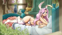 Size: 2500x1416 | Tagged: suggestive, artist:king-kakapo, derpibooru import, fluttershy, bat pony, human, adorasexy, bed, big breasts, breasts, bunny ears, busty fluttershy, clothes, cute, draw me like one of your french girls, female, flutterbat, fluttershy's cottage, humanized, panties, partial nudity, race swap, sexy, shyabetes, smiling, socks, solo, solo female, stockings, thigh highs, topless, underwear, updated