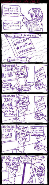 Size: 461x1732 | Tagged: suggestive, artist:ficficponyfic, derpibooru import, derpy hooves, twilight sparkle, pony, clueless, comic, monochrome, phone sex, rocko's modern life, wrong number