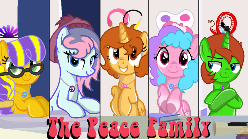 Size: 1600x900 | Tagged: safe, artist:doraeartdreams-aspy, derpibooru import, oc, oc:angelsocks, oc:aspen, oc:bella pinksavage, oc:ryan, oc:sunrise glisten, unofficial characters only, pony, cute, family, hippie, jewelry, necklace, peace symbol, ryspen, siblings