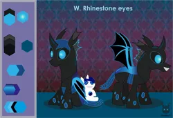 Size: 2053x1407 | Tagged: artist:wheatley r.h., bat wings, black, blue, blue changeling, blue eyes, blue hair, changeling, changeling oc, cute, derpibooru import, floor, hair, horn, oc, oc:w. rhinestone eyes, original species, plushie, plush pony, reference sheet, safe, sharp teeth, sitting, smiling, solo, spread wings, standing, teeth, translated in the description, unofficial characters only, vector, watermark, wings