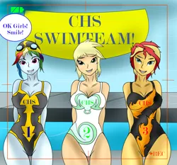 Size: 1500x1400 | Tagged: suggestive, artist:foxgar, derpibooru import, applejack, rainbow dash, sunset shimmer, equestria girls, breasts, camera view, cleavage, clothes, goggles, one-piece swimsuit, swim team, swimming pool, swimsuit