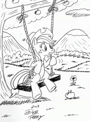 Size: 2553x3468 | Tagged: safe, artist:debmervin, derpibooru import, applejack, earth pony, pony, apple, apple tree, food, lineart, monochrome, mountain, scenery, solo, swing, traditional art, tree, tree branch