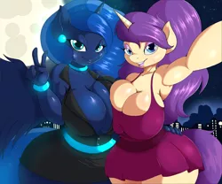 Size: 1920x1600 | Tagged: suggestive, artist:suirano, derpibooru import, princess luna, oc, oc:dakota dallas, alicorn, anthro, unicorn, absolute cleavage, anthro oc, armpits, big breasts, breasts, busty princess luna, cleavage, clothes, dress, duo, duo female, female, full moon, huge breasts, miniskirt, moon, peace sign, selfie, skirt, vest