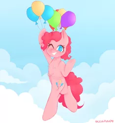 Size: 1000x1067 | Tagged: safe, artist:occultusion, derpibooru import, pinkie pie, pony, balloon, chest fluff, cloud, cute, diapinkes, floating, heart eyes, no pupils, one eye closed, sky, smiling, solo, then watch her balloons lift her up to the sky, wingding eyes, wink