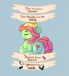 Size: 1000x1100 | Tagged: safe, artist:mdragonflame, derpibooru import, tree hugger, pony, blue background, cute, eyes closed, huggerbetes, old banner, profile, prone, quote, simple background, solo