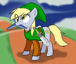 Size: 1534x1290 | Tagged: safe, artist:doval, artist:sammy181, derpibooru import, derpy hooves, pony, boomerang, clothes, cosplay, costume, crossover, cute, derpabetes, eye clipping through hair, link, mouth hold, solo, sword, the legend of zelda, weapon