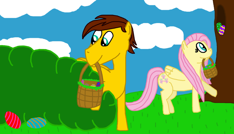 Size: 3325x1910 | Tagged: safe, artist:sb1991, derpibooru import, fluttershy, oc, oc:film reel, pegasus, pony, basket, bush, challenge, easter, easter basket, easter egg, easter egg hunt, equestria amino, holiday, tree