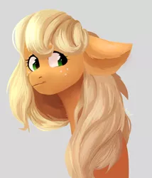 Size: 1644x1920 | Tagged: safe, artist:worldlofldreams, derpibooru import, applejack, pony, bust, cute, ear fluff, female, floppy ears, gray background, hatless, jackabetes, long neck, loose hair, missing accessory, portrait, simple background, solo