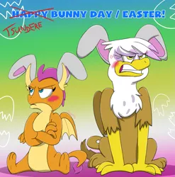 Size: 2471x2498 | Tagged: safe, artist:rupertbluefox, derpibooru import, gilda, smolder, dragon, gryphon, angry, blushing, bunny ears, colorful background, cross-popping veins, cute, easter, gildere, gradient background, grumpy, holiday, pouting, smolderbetes, smoldere, teeth, tsundere