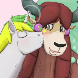 Size: 1800x1800 | Tagged: safe, artist:azurllinate, derpibooru import, yona, oc, oc:sol bright, unicorn, yak, blushing, braid, brown eyes, canon x oc, close-up, couple, eyes closed, green hair, hair beads, horns, interspecies, interspecies love, kiss on the cheek, kissing, love, smiling, two toned mane, yellow hair