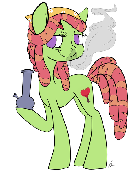 Size: 2000x2500 | Tagged: safe, artist:katyusha, derpibooru import, tree hugger, earth pony, pony, bandana, bong, drug use, drugs, green coat, marijuana, purple eyes, simple background, smiling, smoke, smug, solo, stoner, tree stoner