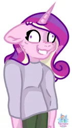 Size: 646x1144 | Tagged: anthro, artist:rainbow eevee, clothes, derpibooru import, female, gym clothes, meme, princess cadance, safe, simple background, smiling, solo, what has science done, white background